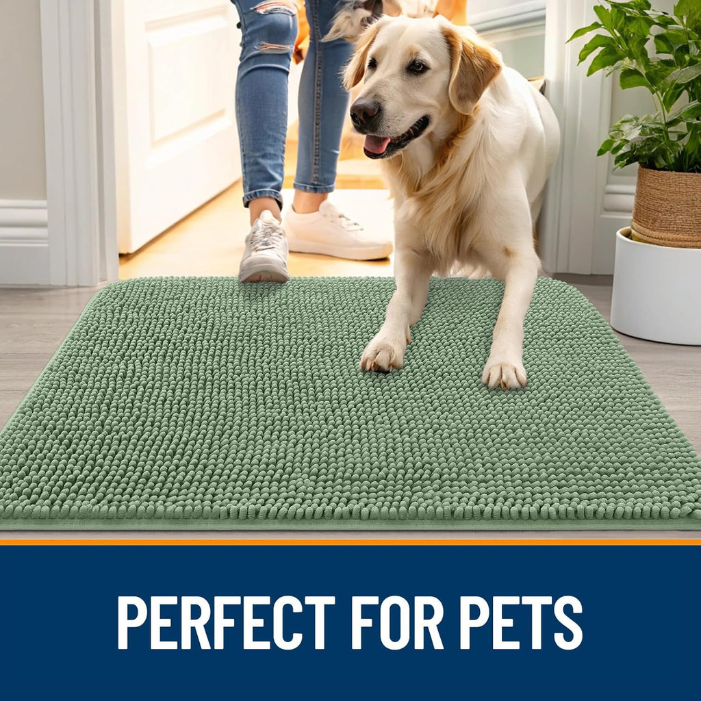 OLANLY Dog Door Mat for Muddy Paws 47x20, Absorbs Moisture and Dirt, Absorbent Non-Slip Washable Doormat, Quick Dry Chenille Mud Mat, Entry Indoor Entryway Carpet for Inside Floor, Olive Green