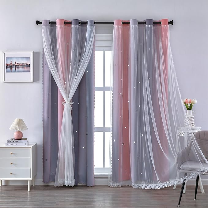 XiDi Pink Grey Ombre Curtains for Girls Bedroom Decor Kids Blackout Curtains for Nursery Room Darkening Rainbow Princess Unicorn Wall Decals Little Girl 52x45 Inches Long 2 Panels Set