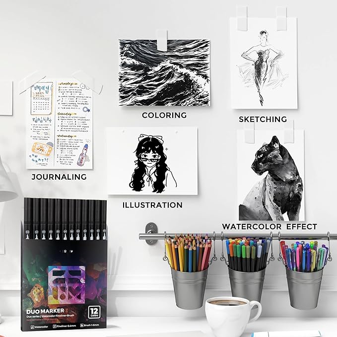 Black Duo Tip Marker Pens, 12 Pack Fine & Brush Markers for Adult Coloring Books No Bleeding, Jet Black Markers for Outlining, Sketching, Japanese Manga, Calligraphy and Graphic Novels