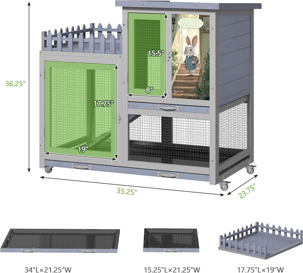 Wood Rabbit Hutch with Balcony - Small Animal House Bunny Cage on Wheels for Indoor Outdoor, Rabbit Cage Included Ramp, Pull Out Tray, (Grey with Pattern)
