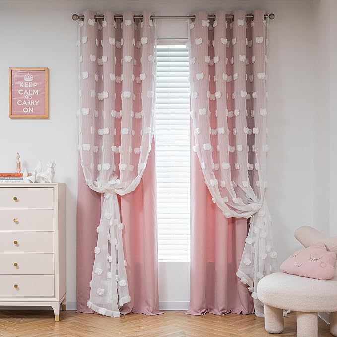 MYSKY HOME Light Blocking Pink Curtains for Living Room White Sheer Pom Pom Kids Room Decor Drapes 102 Inches Long Double Layer Curtain for Sliding Door Grommet Window Panels Set of 2 52" x 102"