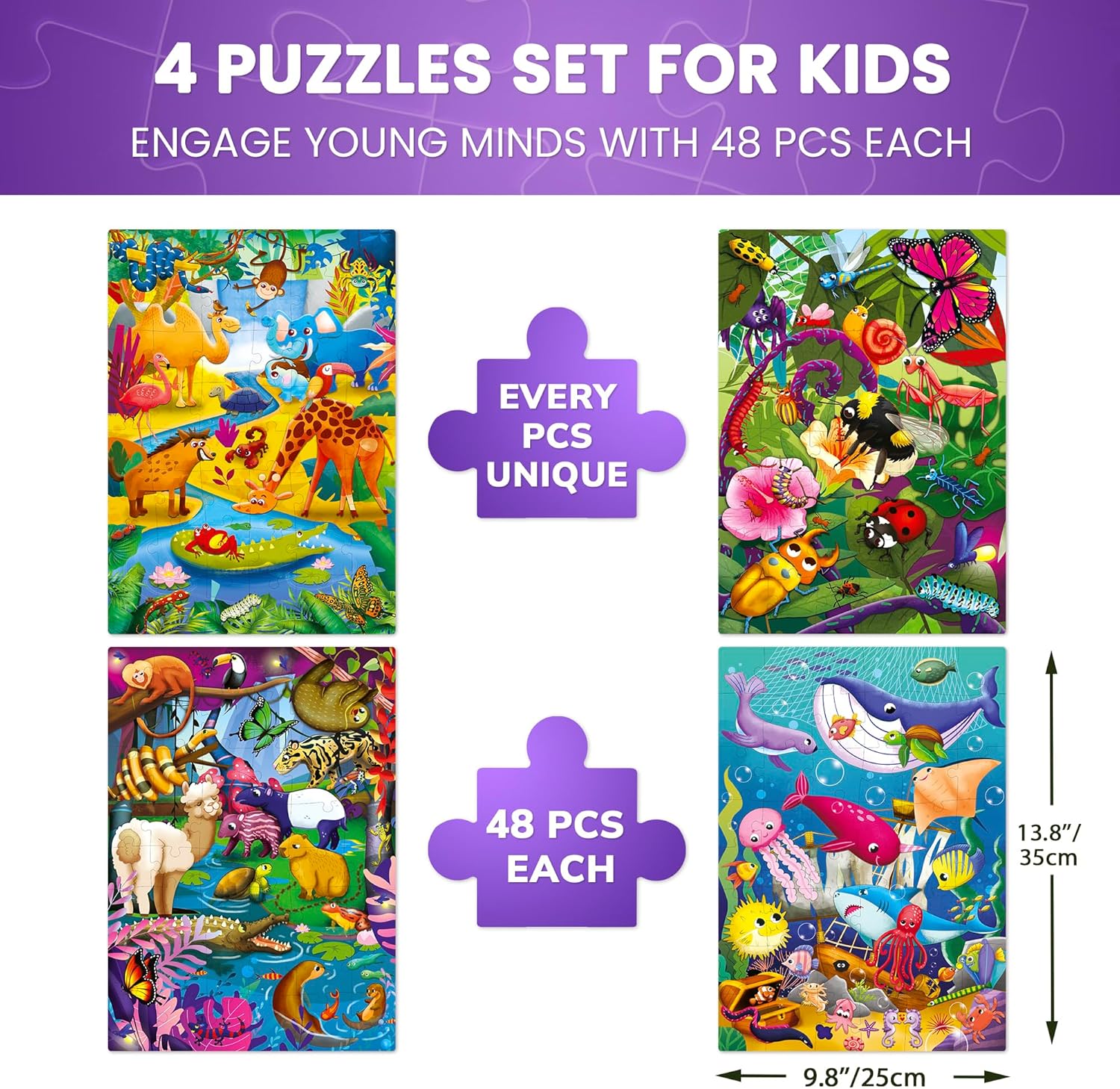 QUOKKA Puzzles for Kids Ages 4-6 – 4 x 48 Pieces Jigsaw Puzzles for Toddlers 3-5 – Toy for Learning Insects, African, Ocean Animals – Educational Game for Boy and Girl 2-4 Year Old - Improved Version