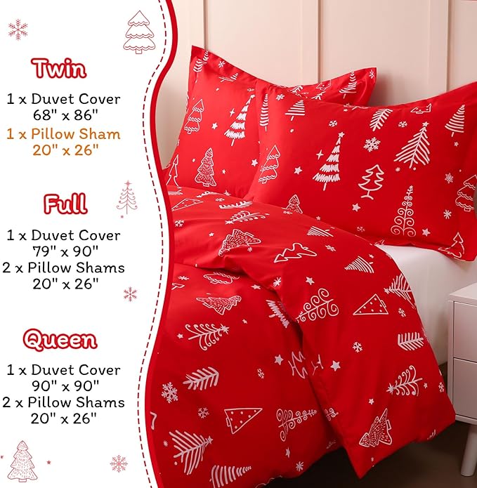 JSD Red Christmas Tree Kids Duvet Cover Set Full Size, 3 Piece Xmas Comforter Cover with Pillow Sham Zipper Closure, Comforter Not Included
