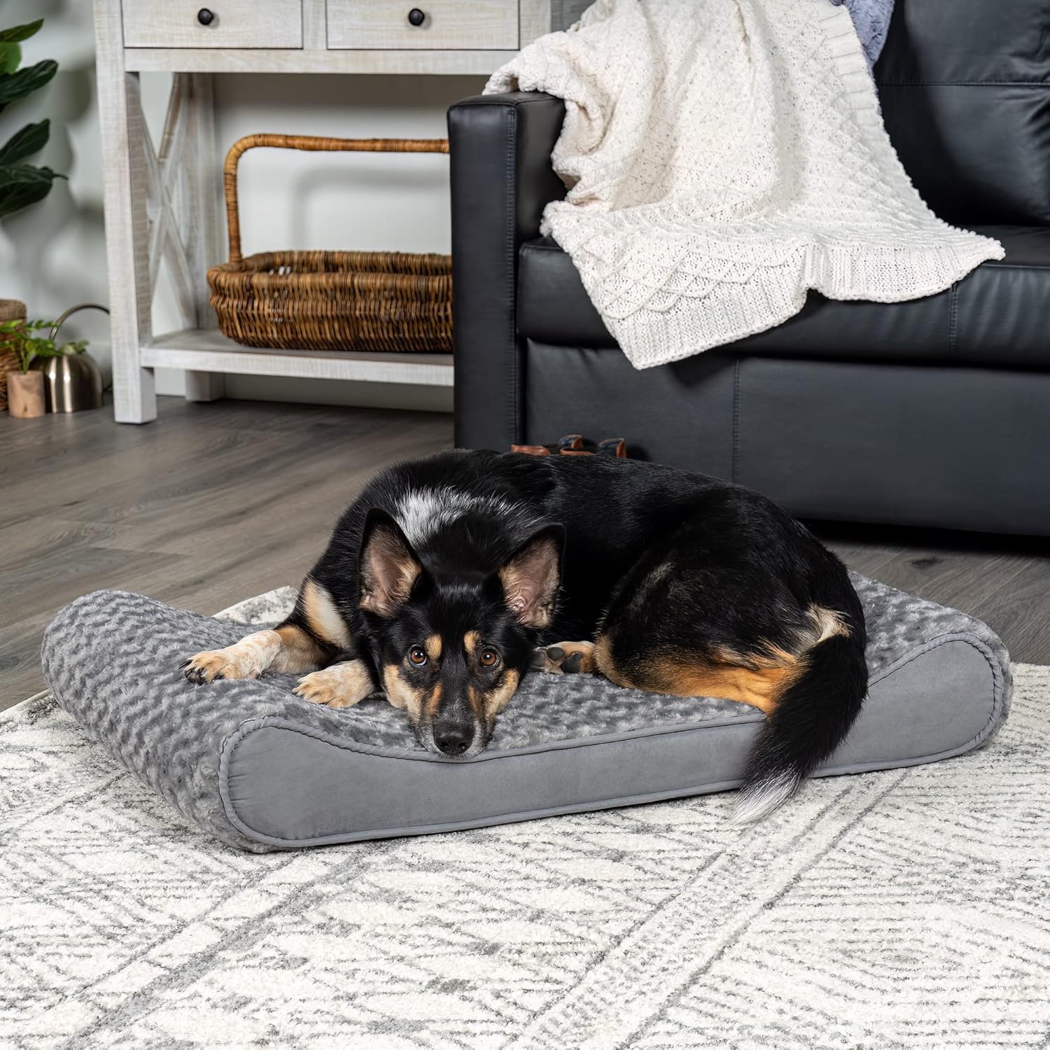 Furhaven Orthopedic Dog Bed for Large/Medium Dogs w/ Removable Washable Cover, For Dogs Up to 38 lbs - Ultra Plush Faux Fur & Suede Luxe Lounger Contour Mattress - Gray, Large