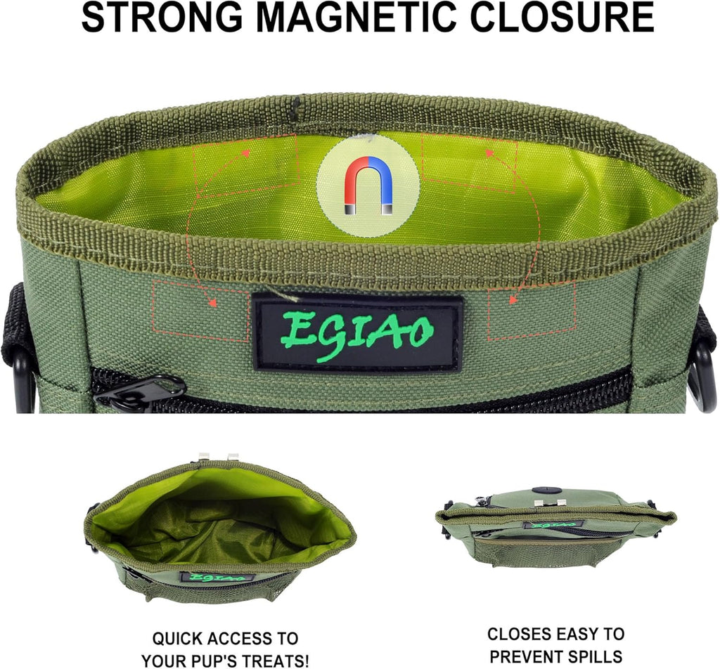 Dog Treat Pouch with Collapsible Dog Bowl, Training Clicker and Poop Bags, Treat Pouches for Pet Training, Magnetic Closure, Built-in Poop Bag Dispenser, Waist Belt Clip, Puppy Treat Bag - Green