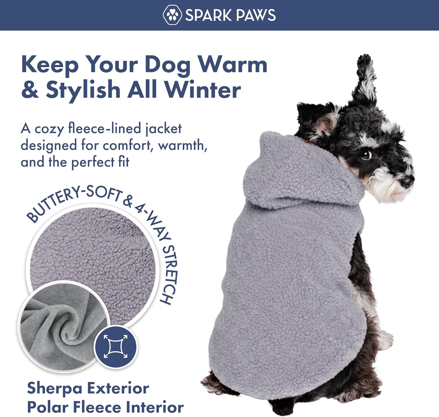 Spark Paws Teddy Dog Sweater, Sherpa Jacket Vest with Warm Fleece Lining, Winter Coat Suitable for Small Medium Large XL XXL Breeds - Grey - M