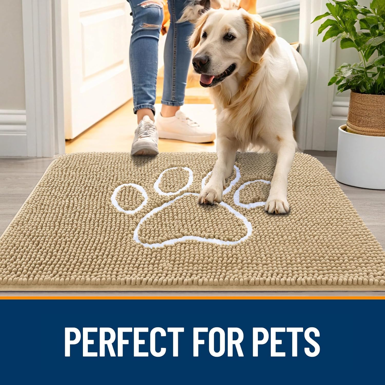 OLANLY Door Mat for Muddy Dog Paws 30x20, Ultra Absorbent Chenille Mud Doormat with Paw Print Design, Non-Slip Washable Doormat for Indoor Entryway, Quick-Dry Pet Bed Mats for Dirty Dogs, Beige