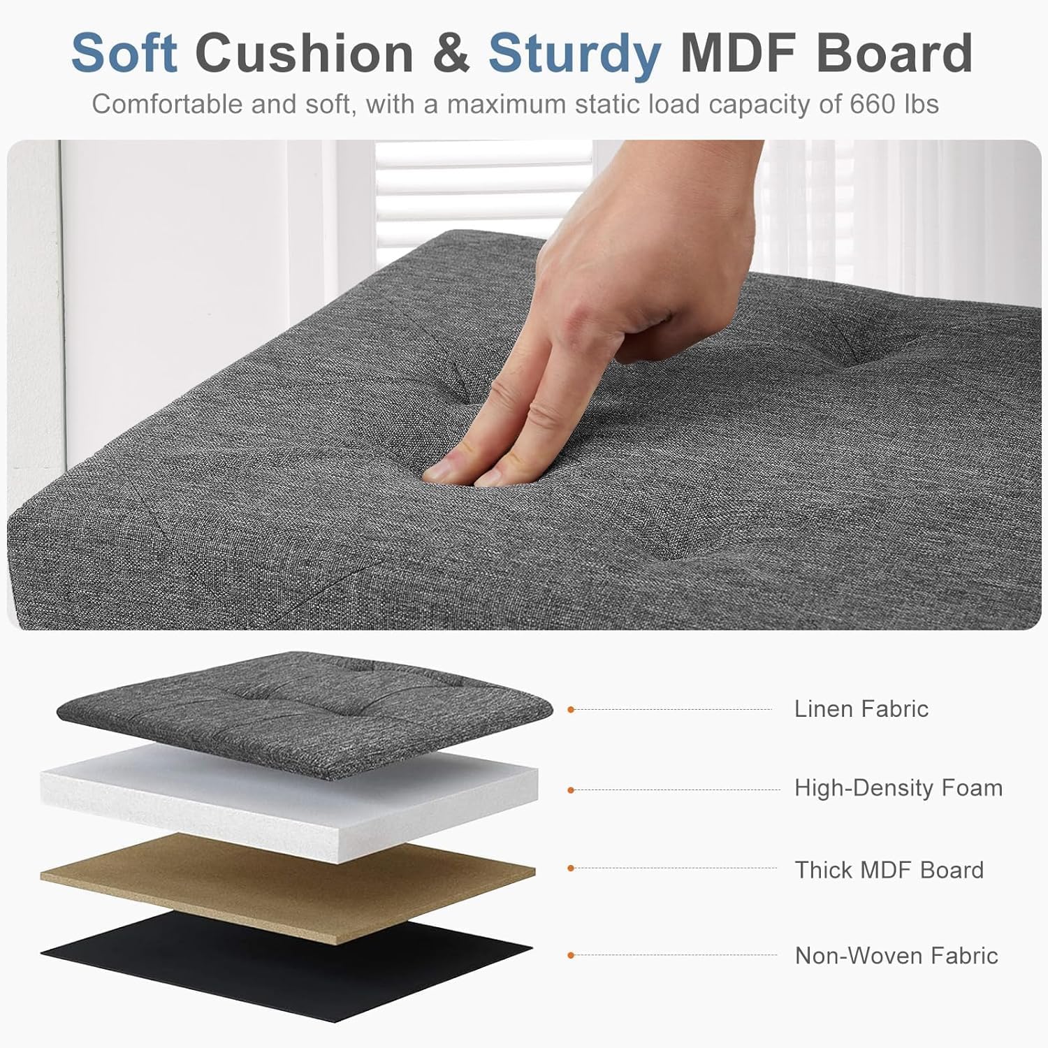 Sweetcrispy Foldable Storage Ottoman 43in, Storage Chest, Large Ottoman Bench Foot Rest Stool with Padded Seat for Entryway Living Room, Bedroom,Load 350lbs, Modern Grey