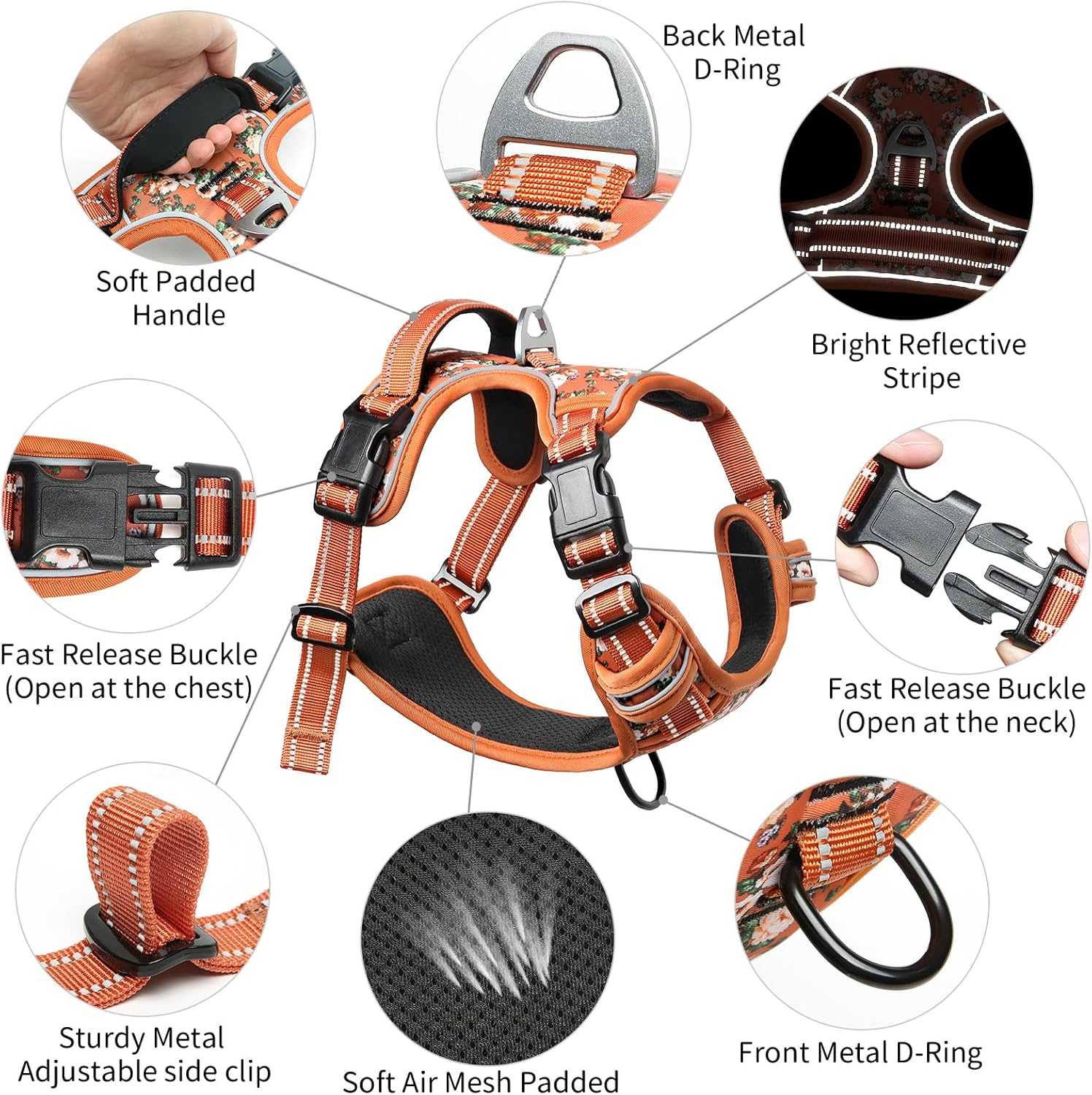 Timos Dog Harness, No Pull Dogs Harness 3 Snap Buckles Adjustable Reflective No Choke Pet Vest for Small Dog with Soft Padded Control Training Handle for Outdoor Training,Flower Orange, XS