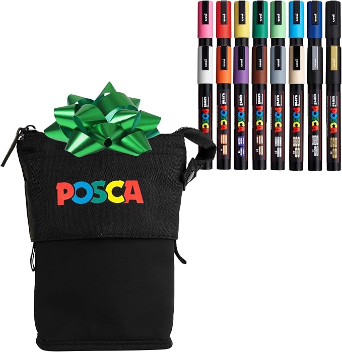 Posca Exclusive Holiday 5M Paint Markers Gift Set of 16 with Carrying Case, Great for Kids and Adults, Acrylic Art Markers for Coloring Christmas Decorations, Canvas, Wood, Glass and Metal