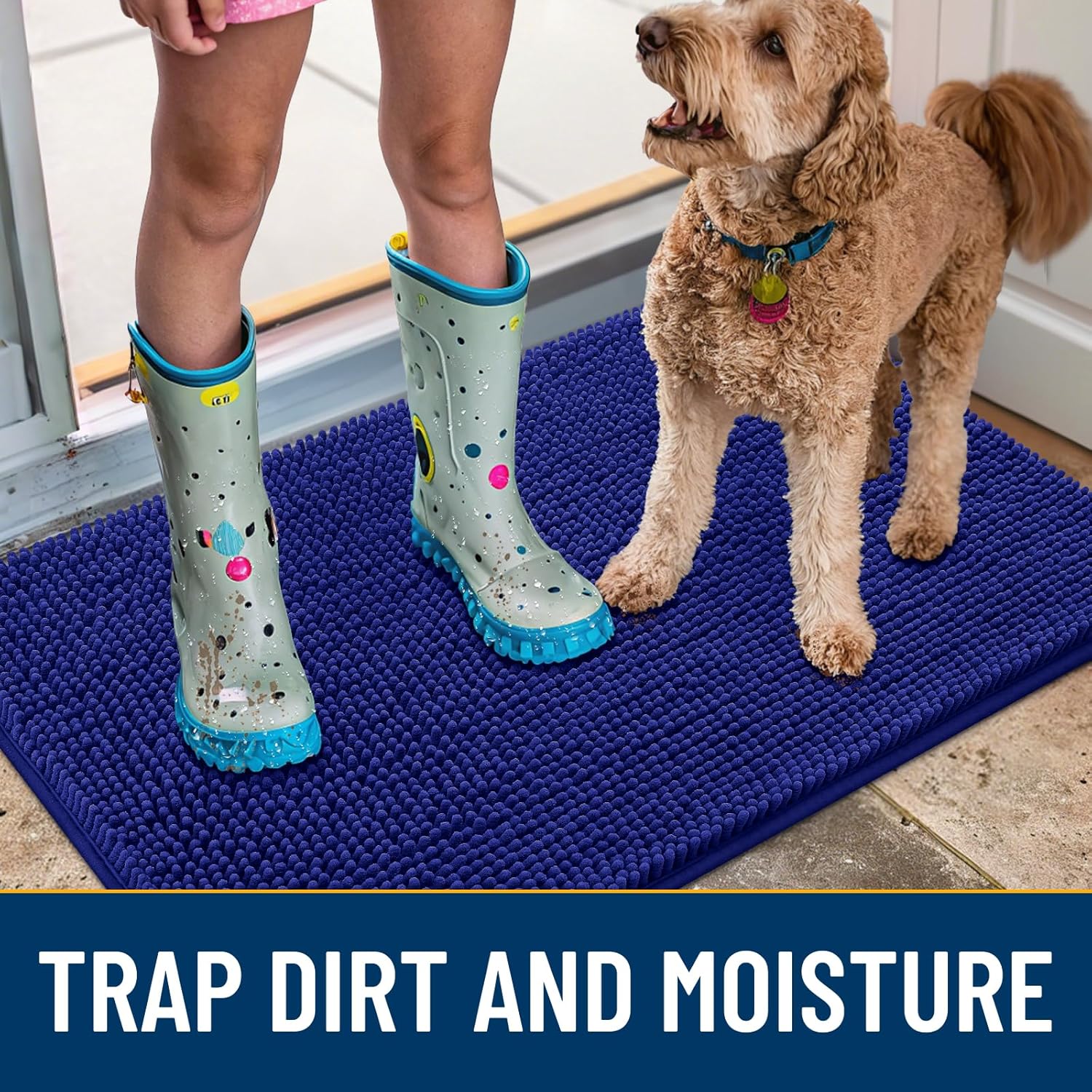 Smiry Dog Door Mat for Muddy Paws 47x24, Absorbs Moisture and Dirt Doormat, Non-Slip Washable Quick Dry Chenille Front Door Mat Indoor Entrance, Entryway Carpet for Inside Floor, Navy Blue