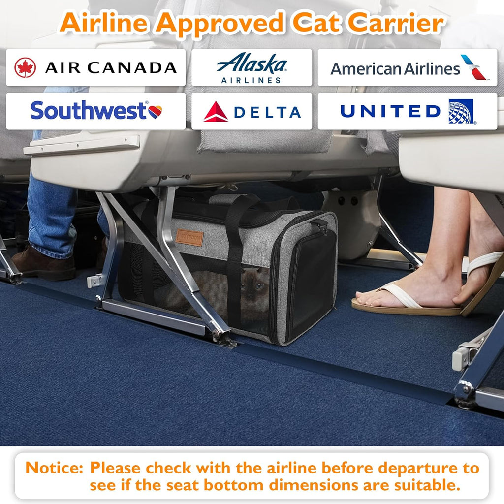 PETUX TSA Approved Pet Carrier in Cabin, 17"x11"x9.5" Soft Cat Carriers for Small Cats up to 12 lb, Top-Open Portable Dog Carrier with Litter Box and Anti-Scratch Mesh for Puppy up to 10 lb (Grey)