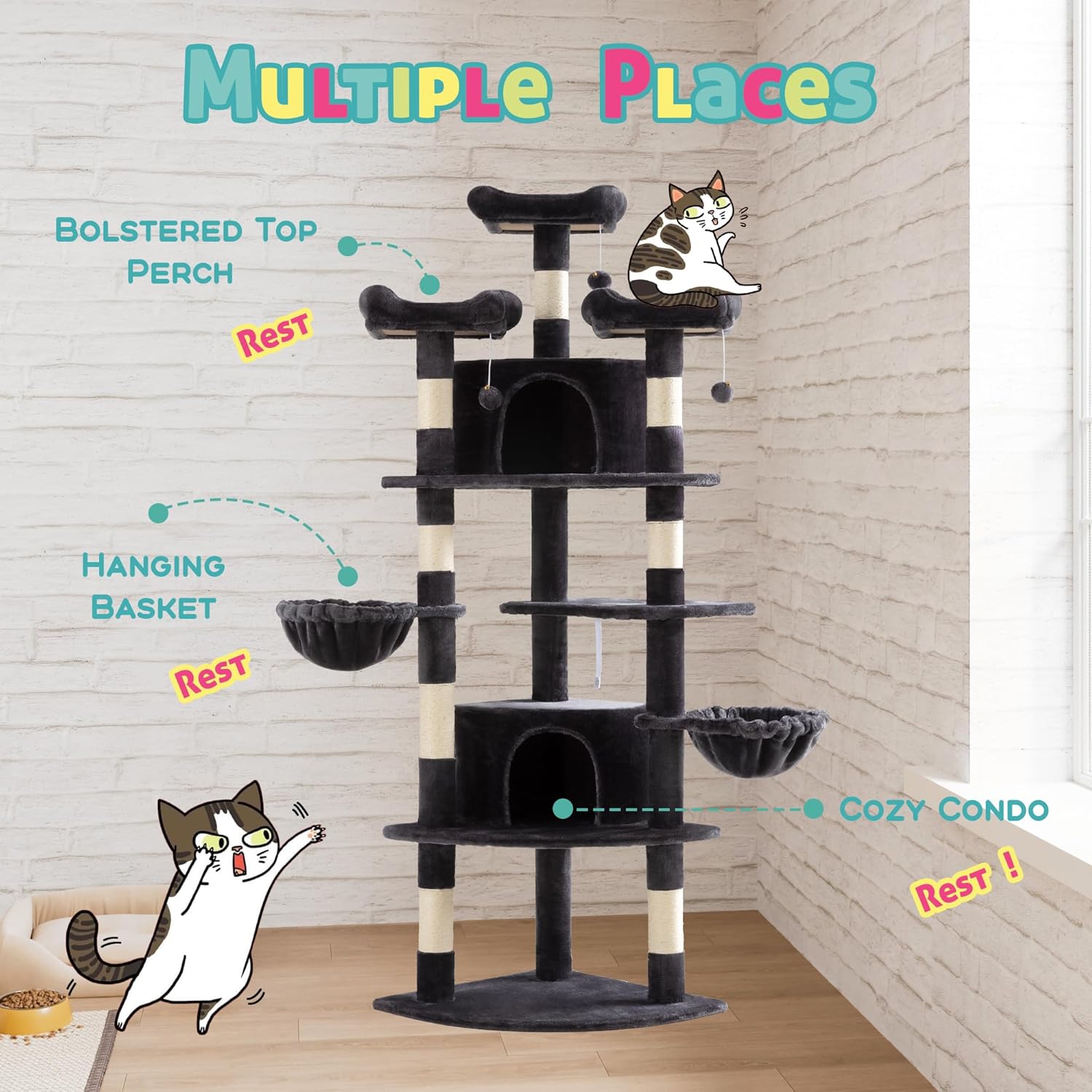 SHA CERLIN 73in Fan-Shaped Corner Cat Tower for Save Space/Multi-Level Tall Cat Tree for Indoor Kitties/Condo with Baskets/Cozy Perches/Sisal Scratching Posts/Pet Activity House/Dark Grey