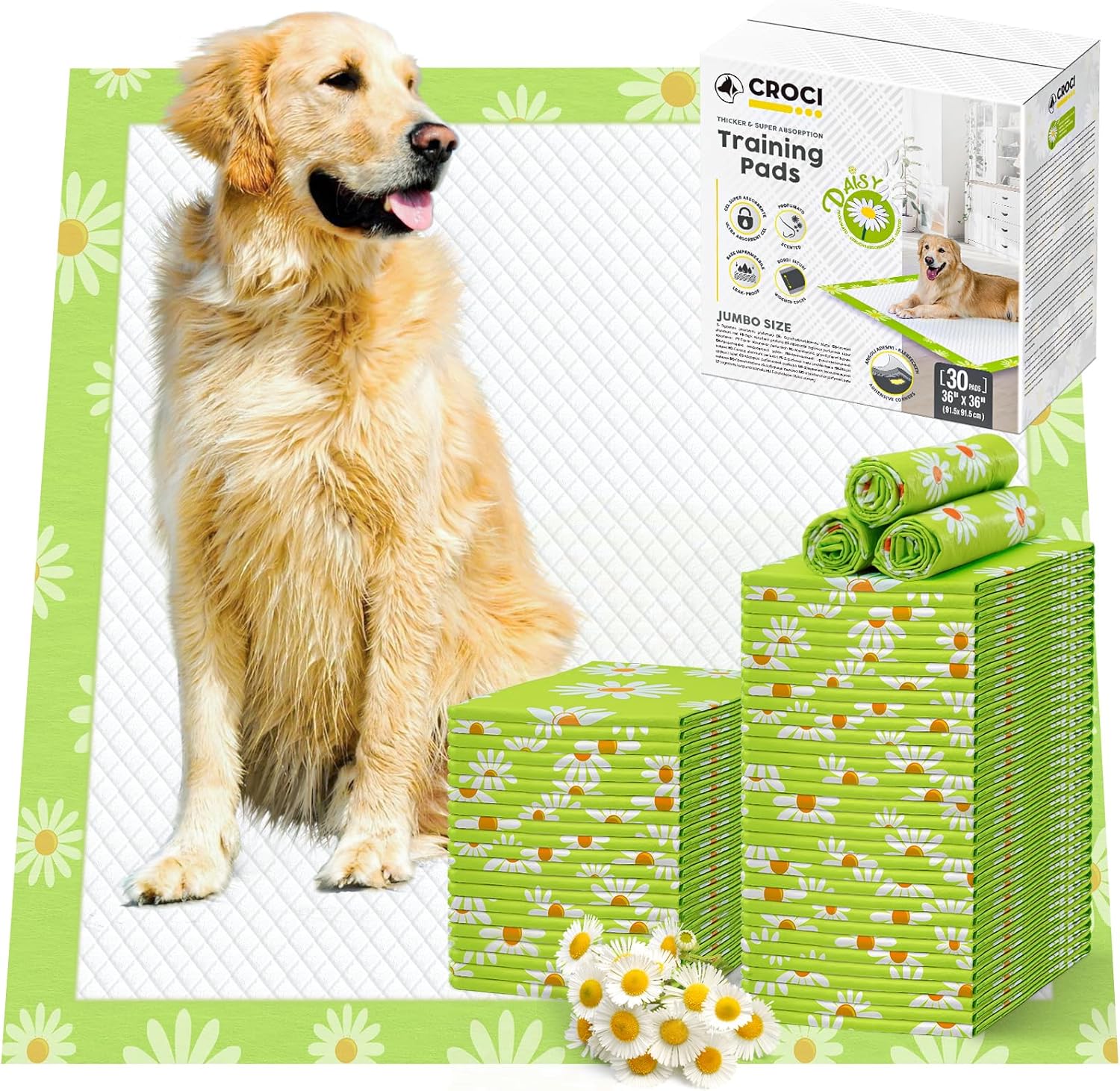 CROCI Dog Pads Extra Large 36x36in Daisy Pattern, Puppy Pads with Adhesive Tabs Super Absorbent Up to 11 Cups, Disposable (30 Counts)