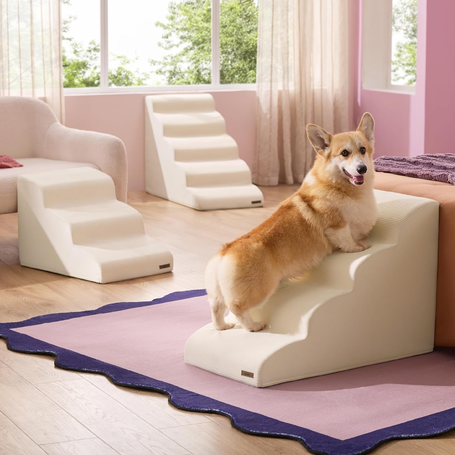 LE SURE Dog Stairs for Large Dogs Pet Steps Ramp for High Bed and Couch with CertiPUR-US Certified Foam with Non-Slip Bottom, Beige, 4 Steps