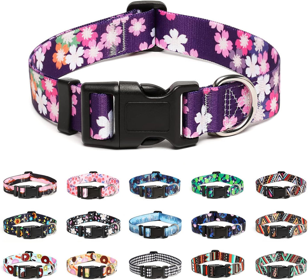 Mercano Adjustable Dog Collar - Special Design Patterns, Soft Nylon Comfortable Sturdy Pet Collar for Small Medium Large Dogs (M, Floral Pink)