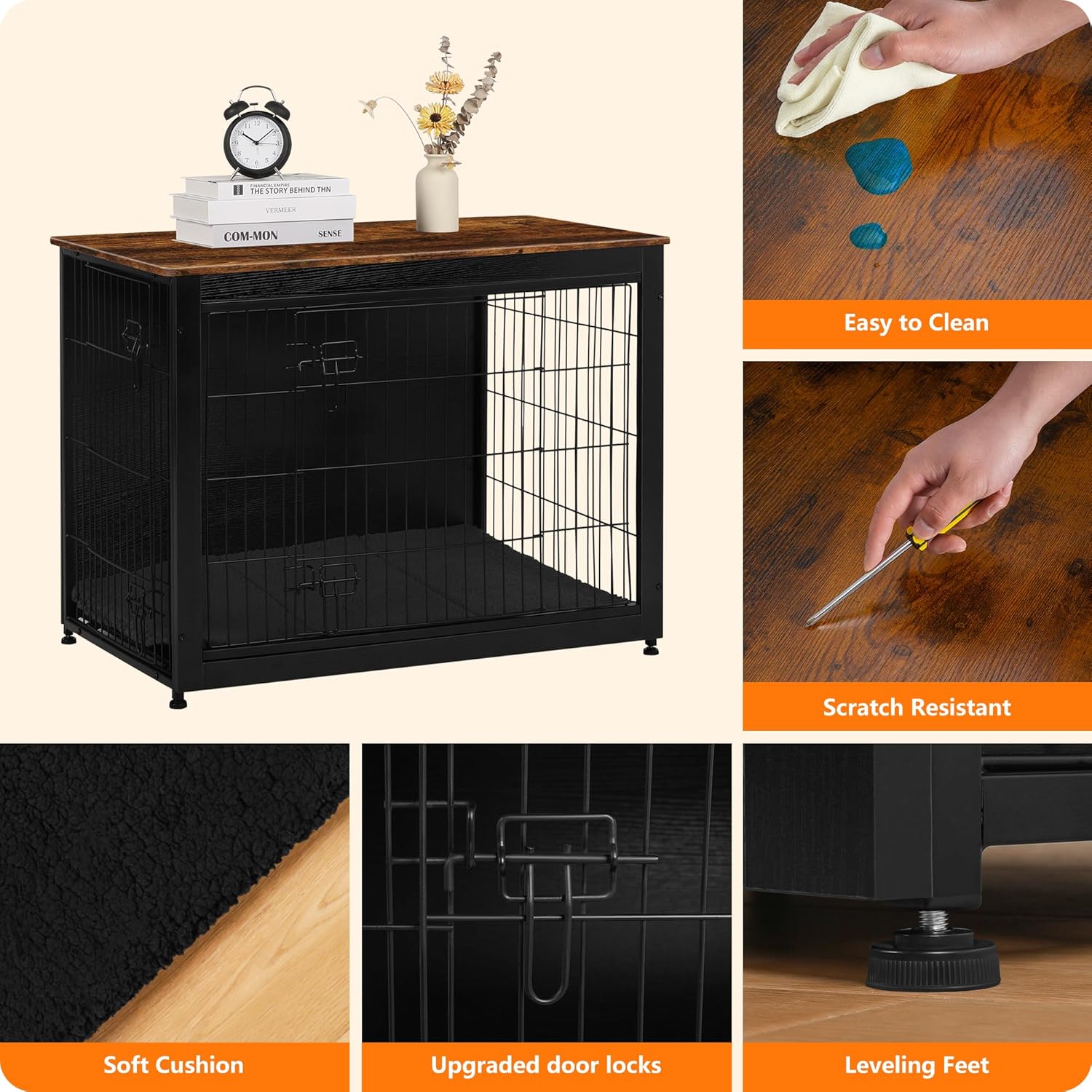 DWANTON Dog Crate Furniture with Cushion, Wooden Kennel Table with Double Doors, Indoor Dog House, Large Size, 38.5" L, Black+Rustic Brown