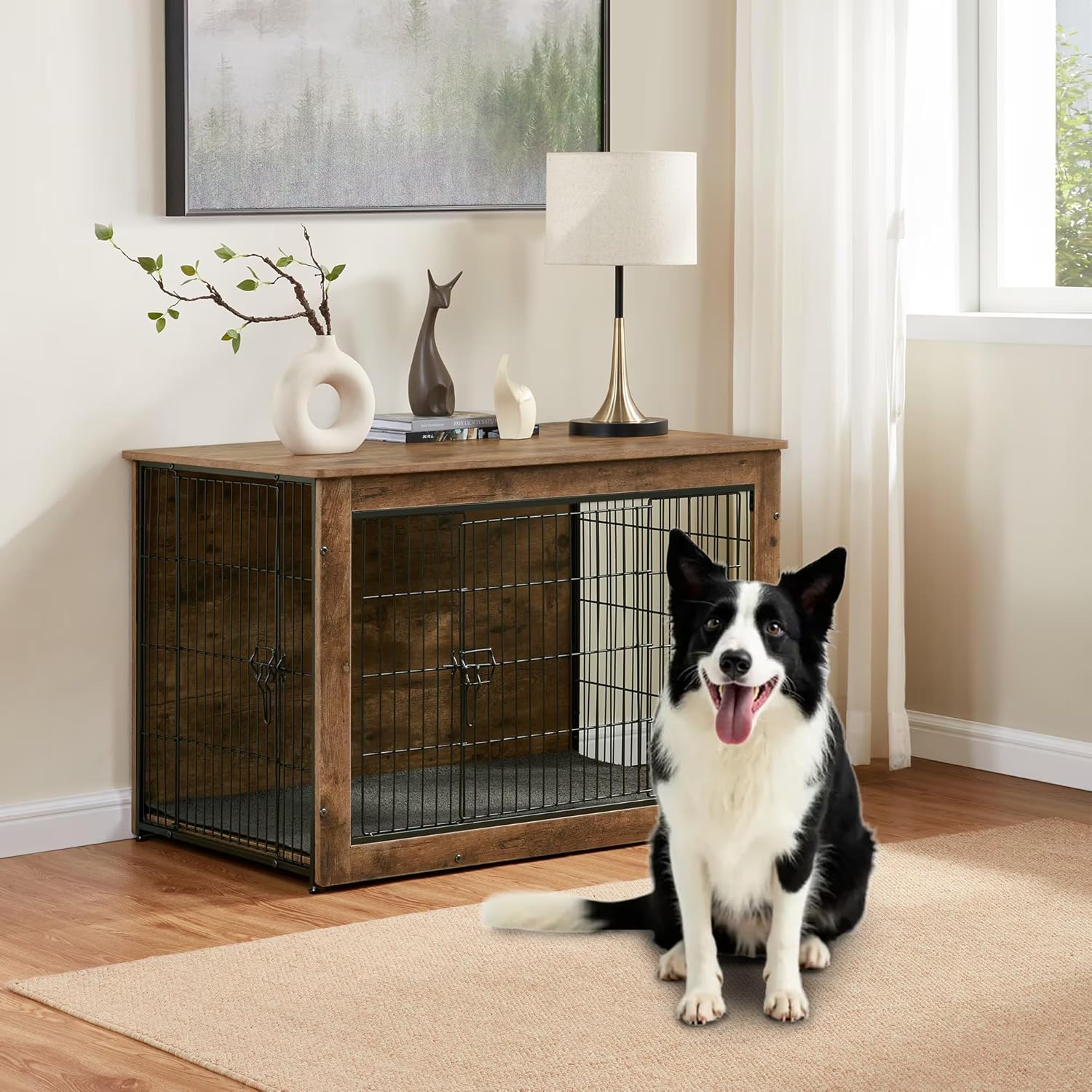 Dog Kennel Furniture, Wooden Dog Crate End Table with Dual Doors, Chew-Proof Design & Cushion, Heavy Duty Dog Crate, Decorative Pet Crate Dog Cage for Indoor (39 Inch)