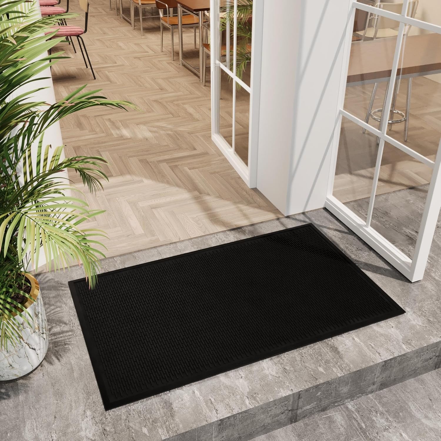 Indoor/Outdoor Hose-Wash Ribbed Design Non-Slip Rubber 3x5 Modern Area Rug for Living Room, Bedroom, Dining Room, Office, 35" x 60", Black
