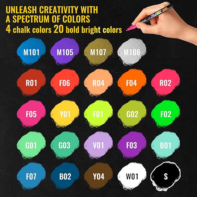 SFAIH Liquid Chalk Markers - 24 Colors 0.7-1mm Fine Tip, Non-Toxic Chalk Pens for Chalkboard Calendar, Acrylic, Glass, Menus, Labels, Signs, Wet Wipe, Zero Dust, Ideal for Home, Business or Bistro