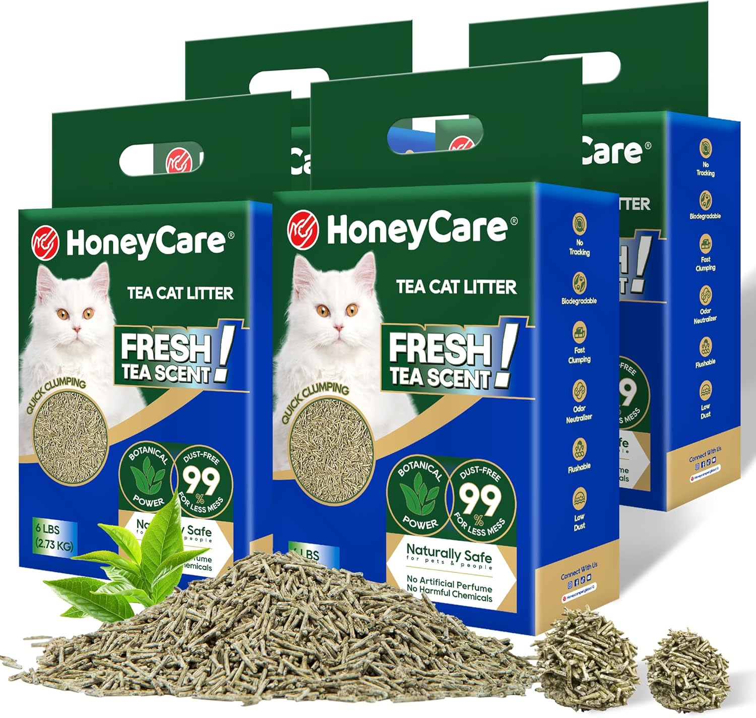 HoneyCare Tea Cat Litter | Natural Plant-Based Formula | Long-Lasting Odor Control | 99% Dust-Free & Low Tracking | Flushable Cat Litter | 24-lbs Value Pack (6 lbs x 4)