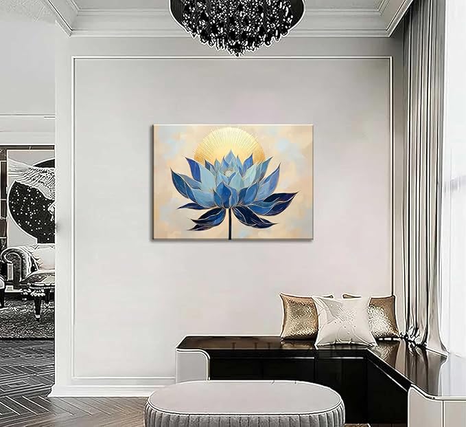 Zen Canvas Wall Art Abstract Blue Lotus Flower Boho Sunrise Gold Sun Spiritual Painting Pictures Wall Decor Poster Print Artwork for Office Yoga Room Spa Room Meditation Room Home Decoration