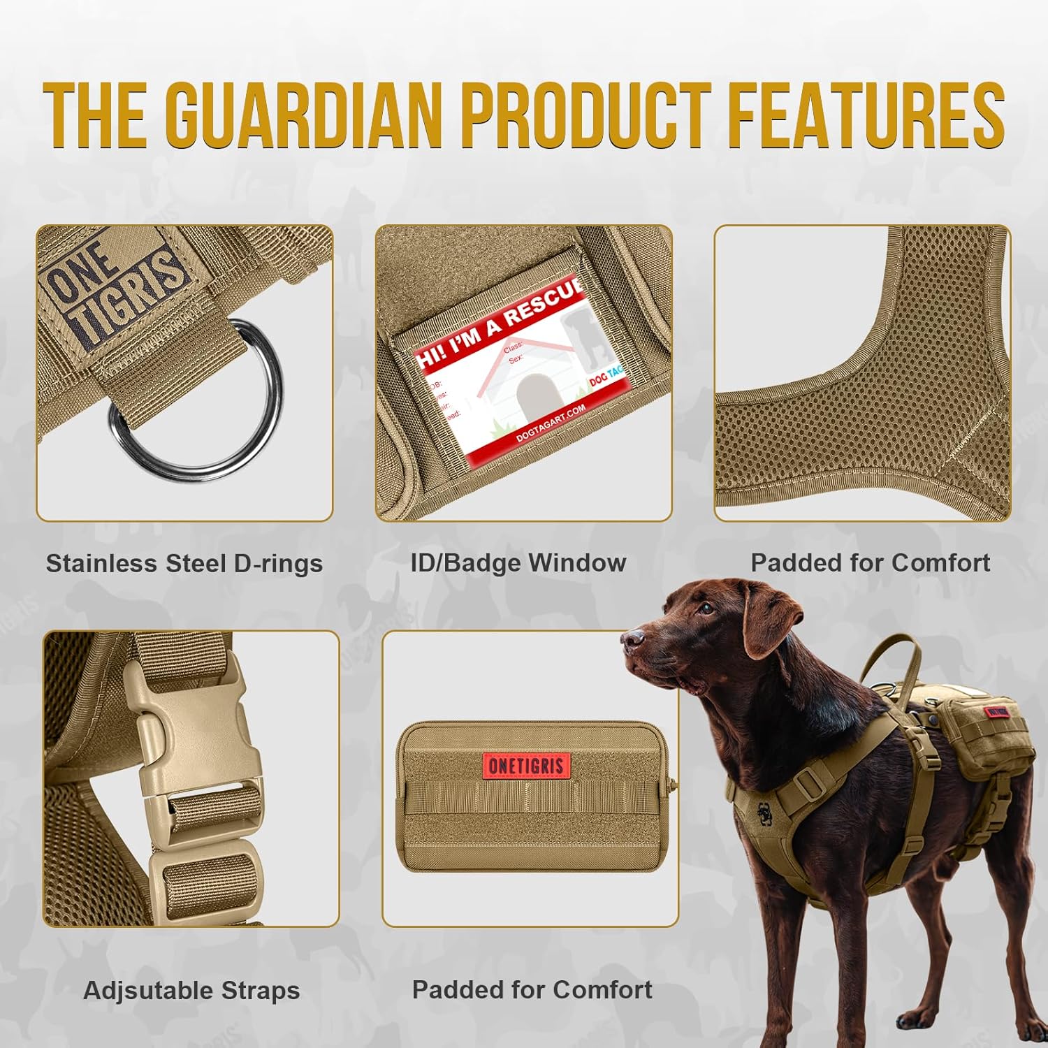 OneTigris Service Dog Vest Harness, Service Dog Cape Guardian Dog Backpack Harness with Pouches Dog Saddle Bag for Small Medium and Large Dogs (Brown, M)