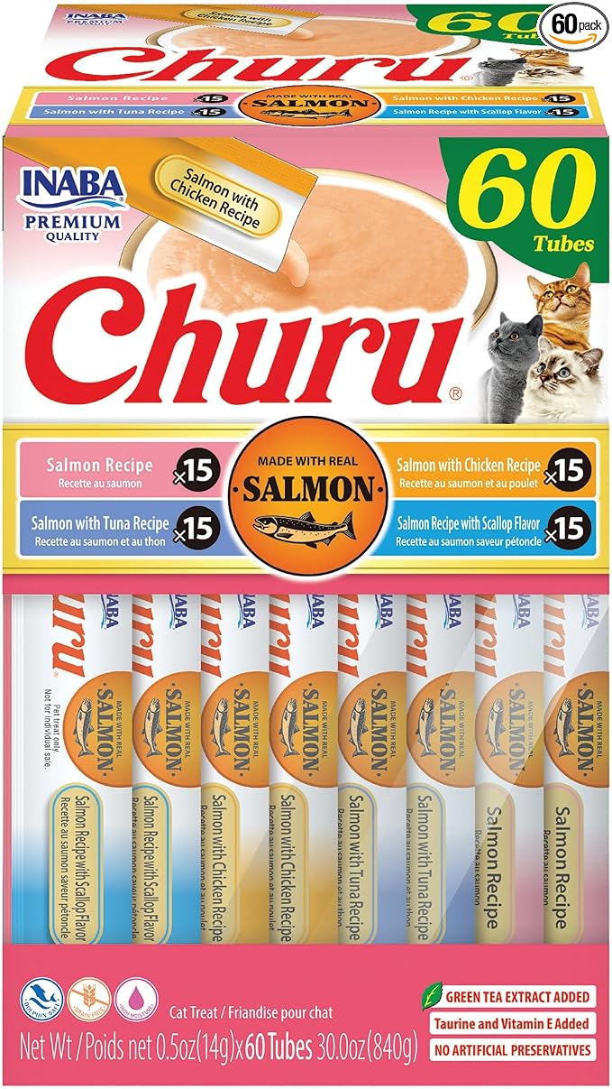 INABA Salmon Churu Cat Treats, Squeezable Creamy Purée Cat Treat by INABA