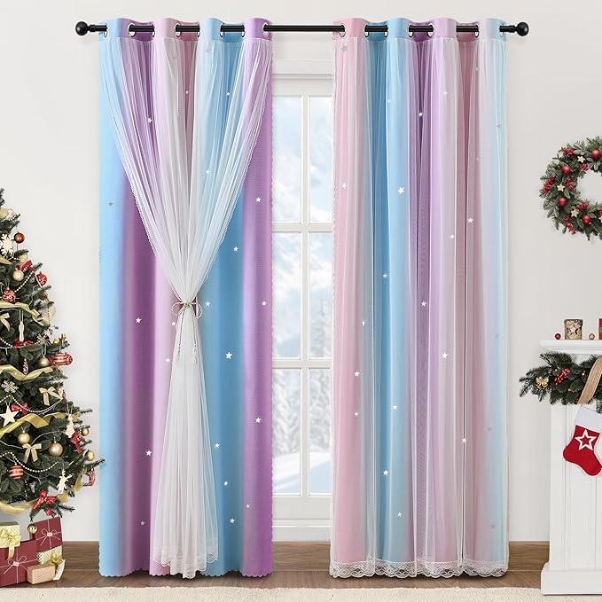 XiDi Blackout Curtains for Girls Bedroom Decor 63 inches Long Window Curtains Colorful Rainbow Design 2 Panel Sets, Kids Room Unicorn Princess Theme Home Decor Ombre Drapes Pink/Purple W34 X L63