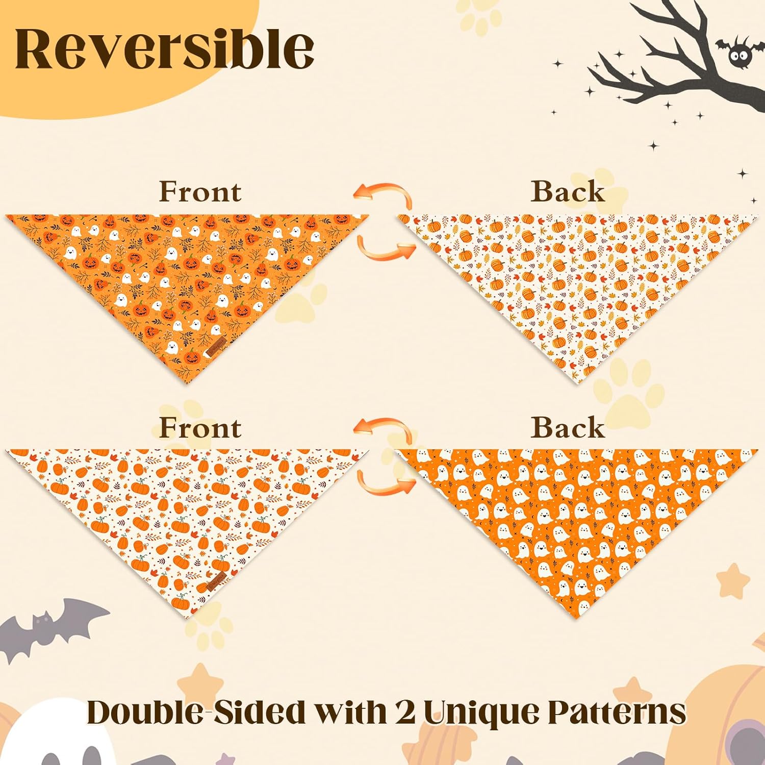 2 Pack Halloween Dog Bandanas,Leather Brand Logo, Double-Layed Soft Skin-Friendly Fabric, Autumn Scarf Accessory for Boys & Girls,Suitable for Halloween, Daily Walks & Family Outings