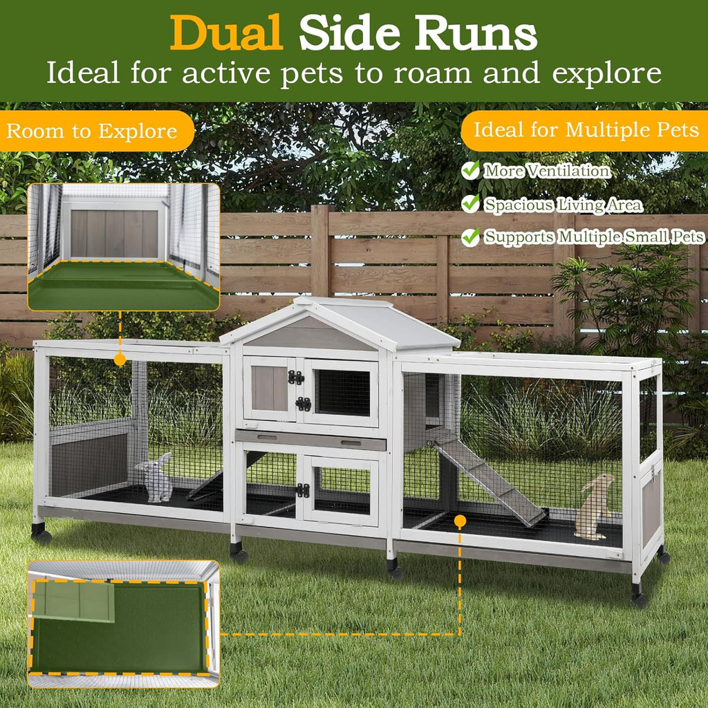 Double Rabbit Hutch Outdoor Indoor Large Bunny Cage with Dual Side Runs, 2-Story Wooden Hutch with 4 Leak Proof Trays, 8 Wheels, Waterproof Roof, Ramp, for Small to Medium Animals