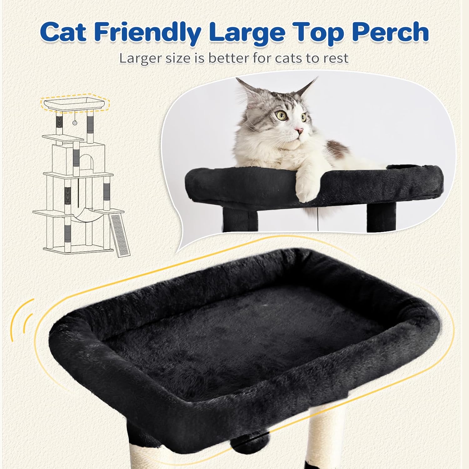 Cat Tree Tower 63in Multi-Level Cat Tower for Indoor Cats with Sisal Scratching Posts, Condo, Hammock, Dangling Ball and Extended Platform for Cats to Play, Black