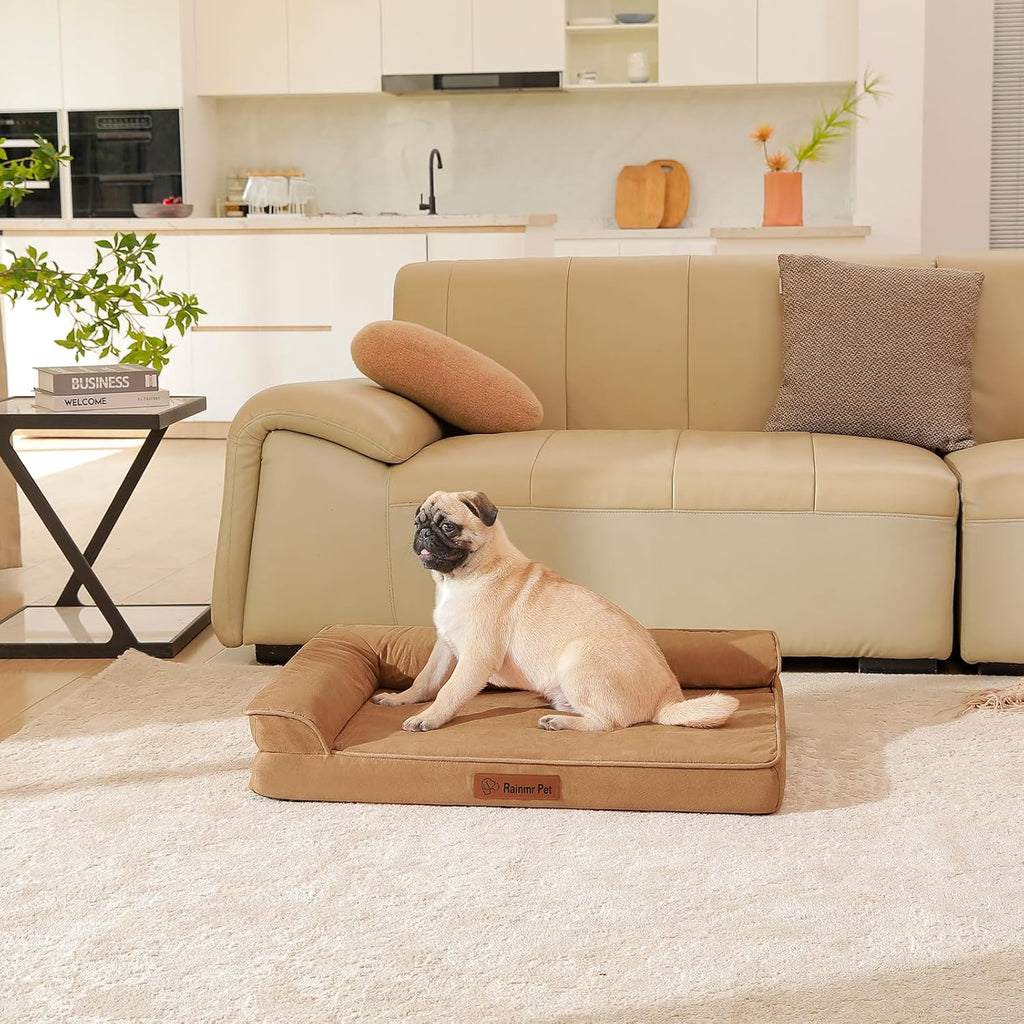 Upgraded Small Dog Bed, 3" Memory Foam with Waterproof Liner, Chew Resistant Microsuede Cover, Removable and Washable, for Indoor, Outdoor, and Car Use, Nonskid Base, 30x20 Inches S Khaki