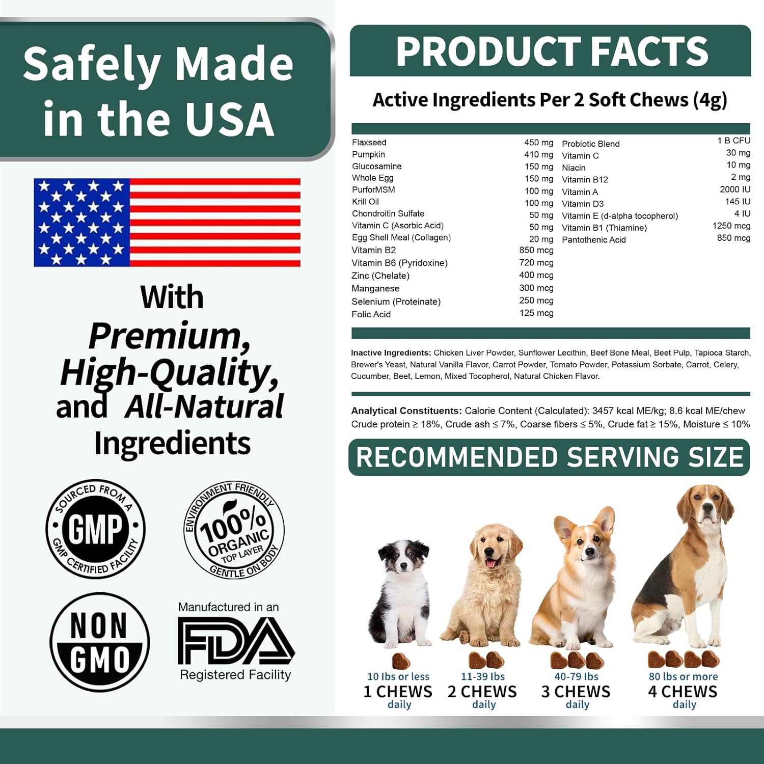Dog Multivitamin, Glucosamine Chondroitin for Dogs, Dog Vitamins and Supplements, Probiotics, Krill Oil for Hip & Joints, Skin, Coat, Immune Health, Heart, Digestion (120 Chews, Chicken)