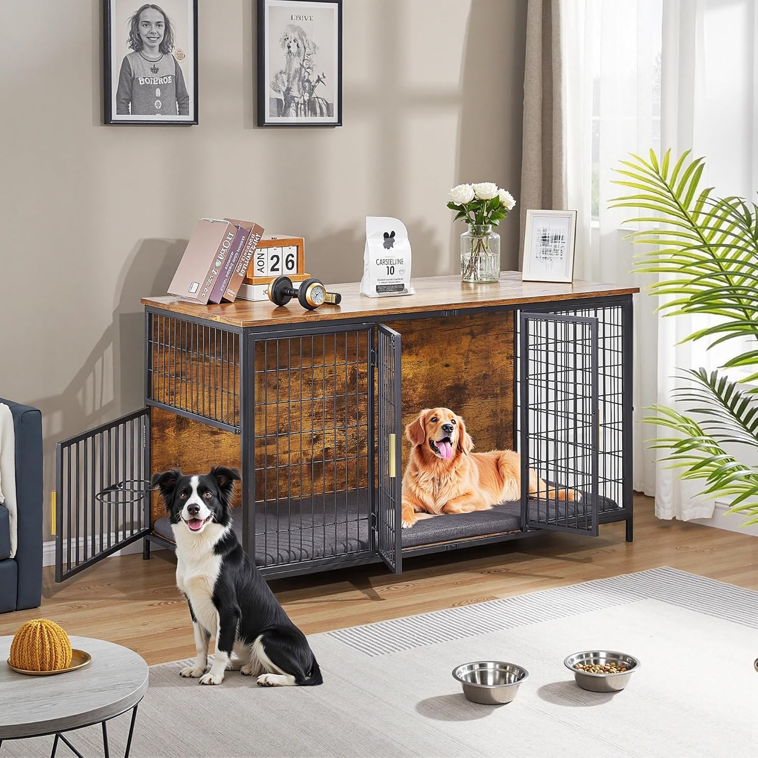 VECELO Dog Crate Furniture for Medium/Large Dogs, Wooden Dog Cage with Cushion, Double Door, Dog Kennel End Table, Brown