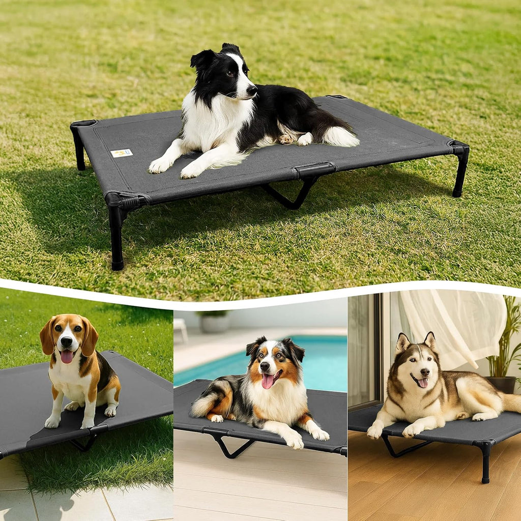 Sytopia Canvas Elevated Dog Bed, Durable Chew Proof Outdoor Raised Pet Cot for Large Dogs, Waterproof, Breathable, Portable, Washable, Easy Assembly, Sturdy Frame for Camping & Travel, Dark Grey