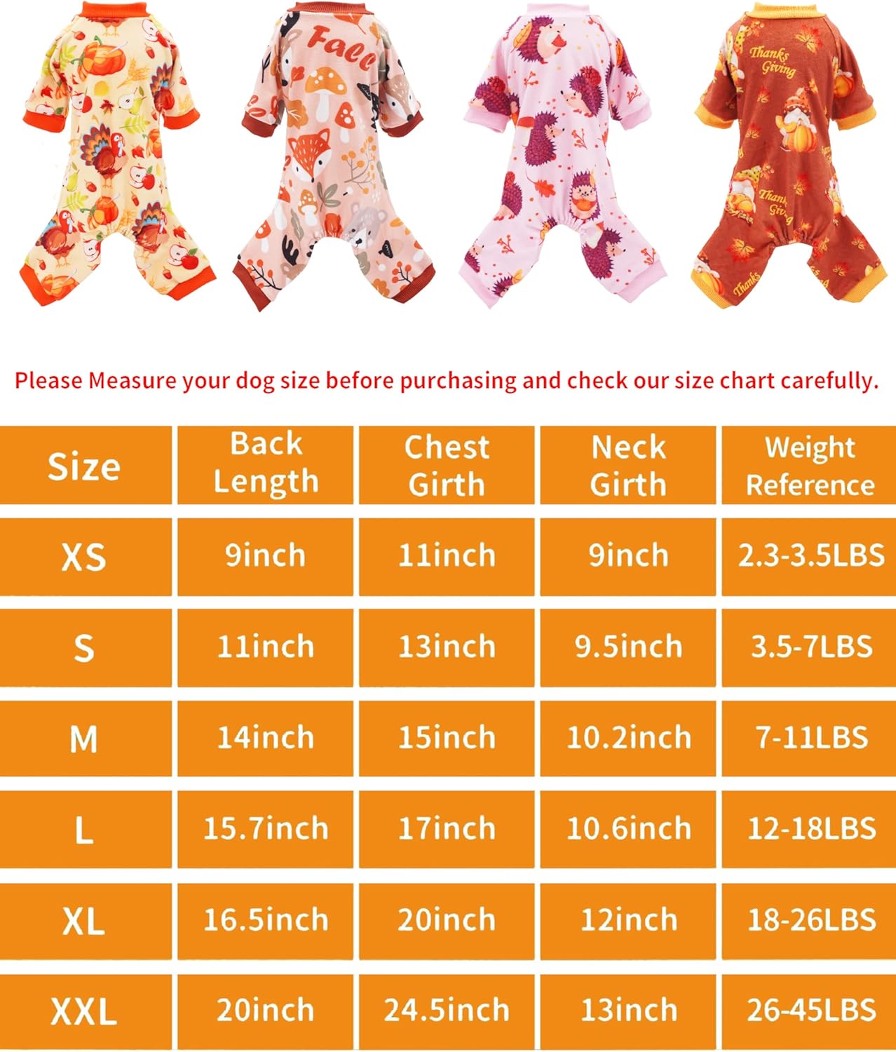 PET SHOW 4 Pack Fall Small Dog Pajamas Thanksgiving Clothes Doggies Girl Boy Soft Stretchy PJs Autumn Jumpsuit Puppy Cats Onesies Outfits with Sleeve Pets Dachshund Costume S