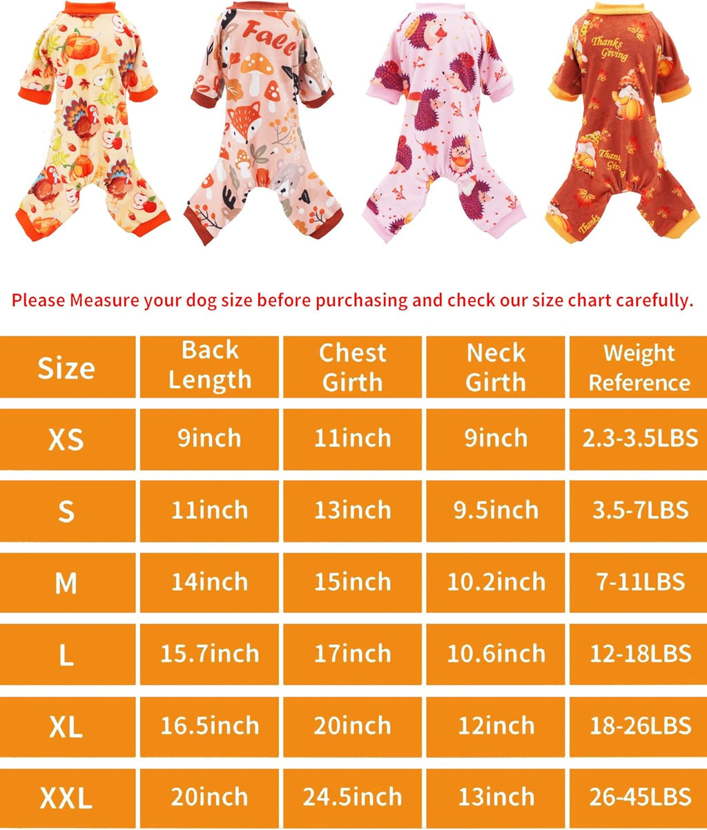 PET SHOW 4 Pack Fall Small Dog Pajamas Thanksgiving Clothes Doggies Girl Boy Soft Stretchy PJs Autumn Jumpsuit Puppy Cats Onesies Outfits with Sleeve Pets Dachshund Costume M
