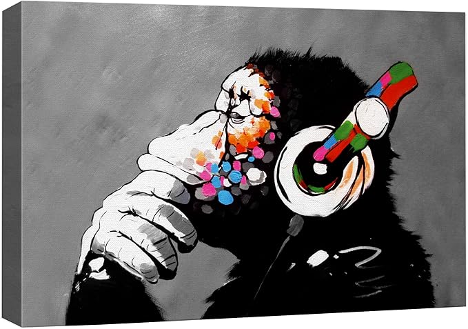 SIGNWIN Framed Canvas Wall Art Banksy Thinking Monkey with Headphones Graffiti & Street Art Famous People Pop Art Modern Urban Multicolor for Living Room, Bedroom, Office - 32x48 inches
