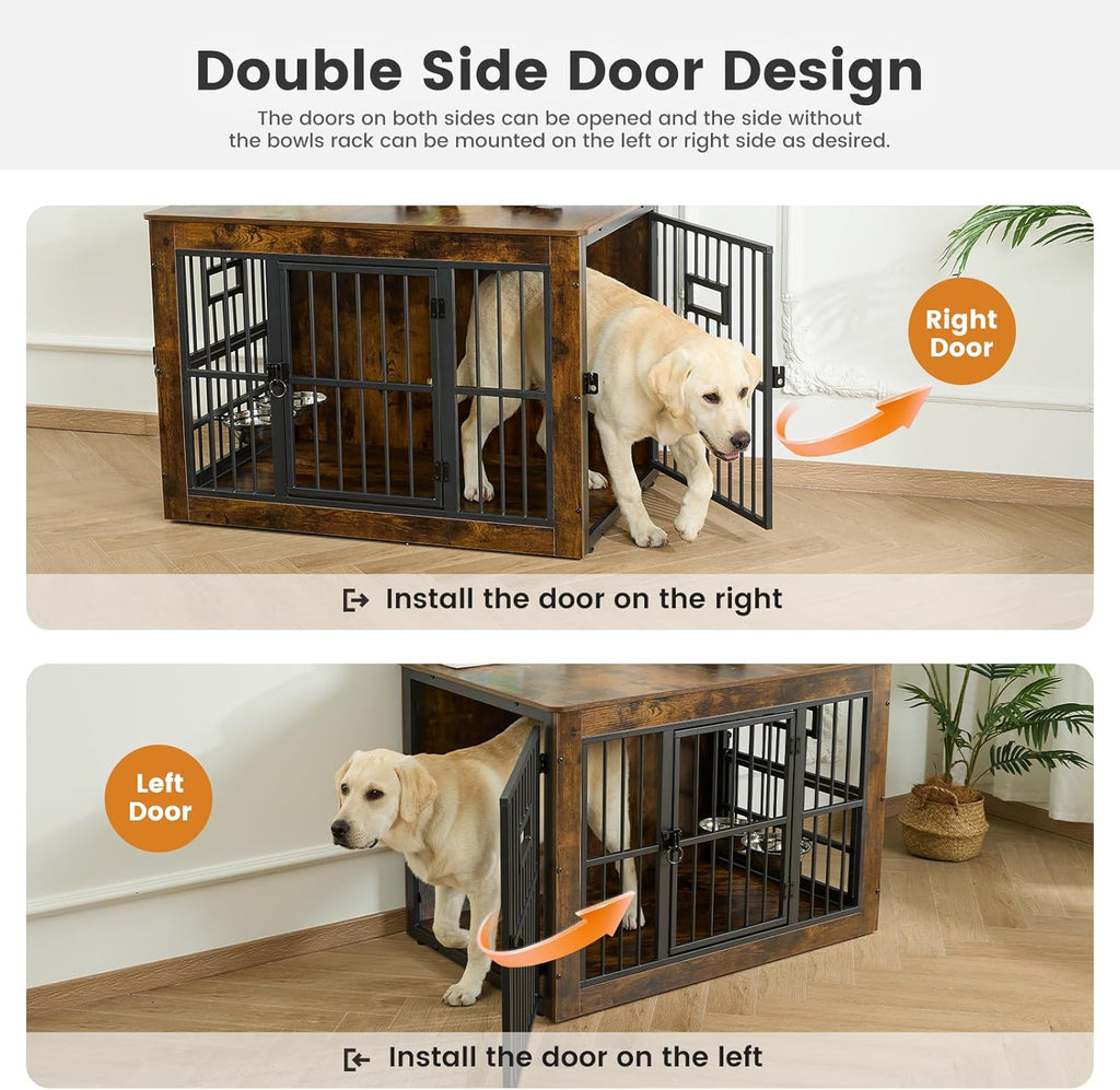 Gardner Pet Dog Crate Furniture for Medium Dogs, 32.7 Inch Dog Kennel Indoor, Wooden Dog Cage End Table with 2 Removable Bowls, Heavy Duty Dog Crate, Rustic Brown