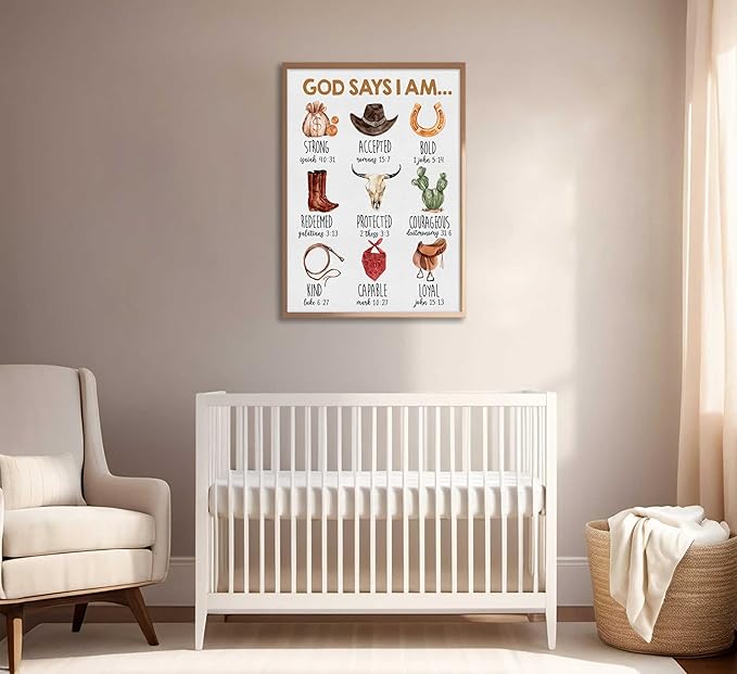 Framed Christian Nursery Canvas Wall Art God Says I Am Inspirational Bible Verses Western Cowboy Painting Pictures Wall Decor Posters Prints Artwork for Kids Girls Bedroom Playroom Baby Room