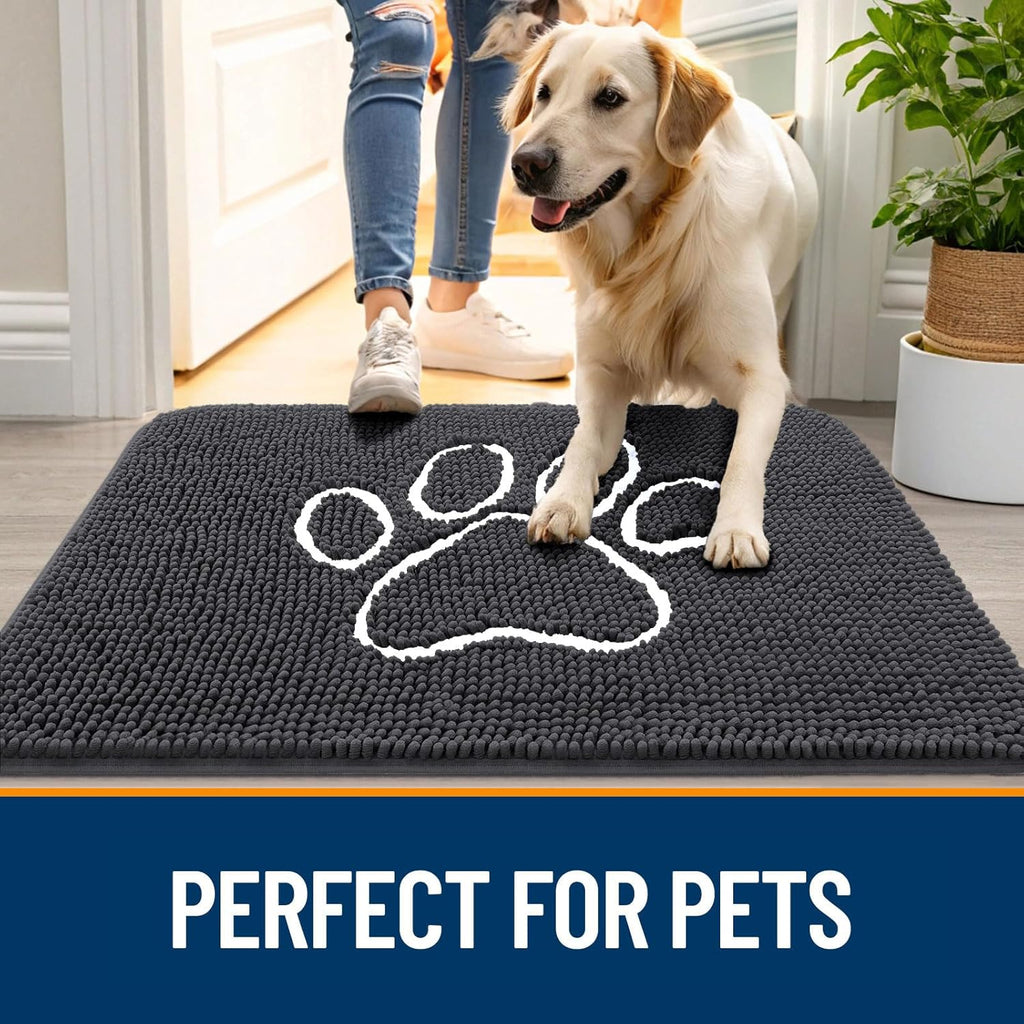 OLANLY Door Mat for Muddy Dog Paws 48x30, Ultra Absorbent Chenille Mud Doormat with Paw Print Design, Non-Slip Washable Doormat for Indoor Entryway, Quick-Dry Pet Bed Mats for Dirty Dogs, Dark Grey