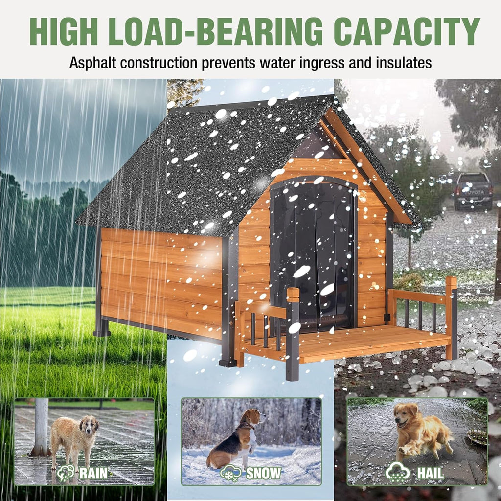 Large Dog House Outdoor Insulated Weatherproof Dog Kennel with Insulated Liner, Dog Shelter for Large Breed with Anti-Chewing Iron Fram and Porch (Brown, 50.9" D x 37.4" W x 37.2" H)