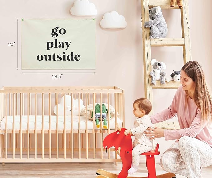 Nursery Rectangular Canvas Banner Wall-Hanging Flag Wall Art Decor for Baby Boy Girl,Kids Room Playroom Bedroom Game Room Kindergarten Decor,Birthday Christmas Gift-Go Play Outside-28.5"L×20"W