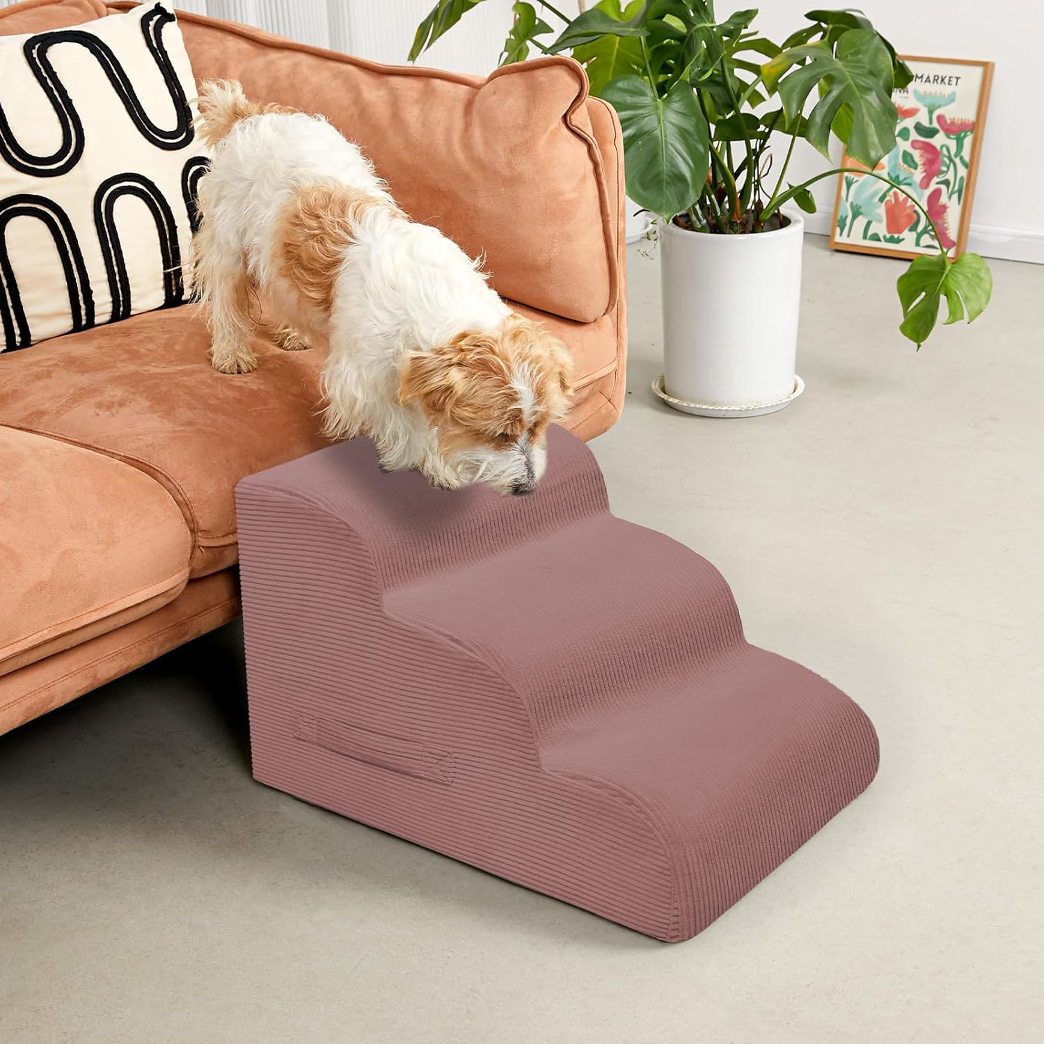 Dog Steps for Small Dogs, 4-Step Pet Ramp Stairs for High Beds and Sofa, Non-Slip Pet Stairs for Small Dogs and Cats, Removable and Easy to Clean Cover, Pink