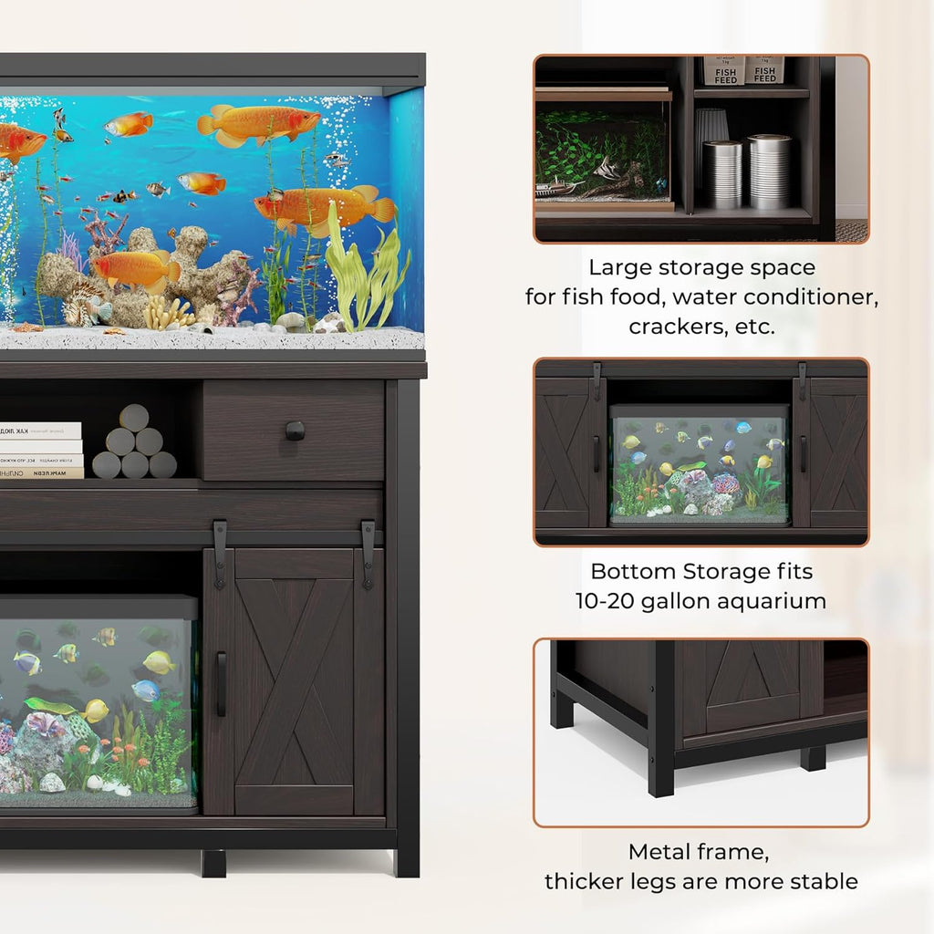 Miereirl 55-75 Gallon Fish Tank Stand with Power Outlet – Heavy Duty Aquarium Stand, Rustic Farmhouse Style, 800 lb Capacity, Adjustable Storage & Sliding Barn Doors, Dark Brown