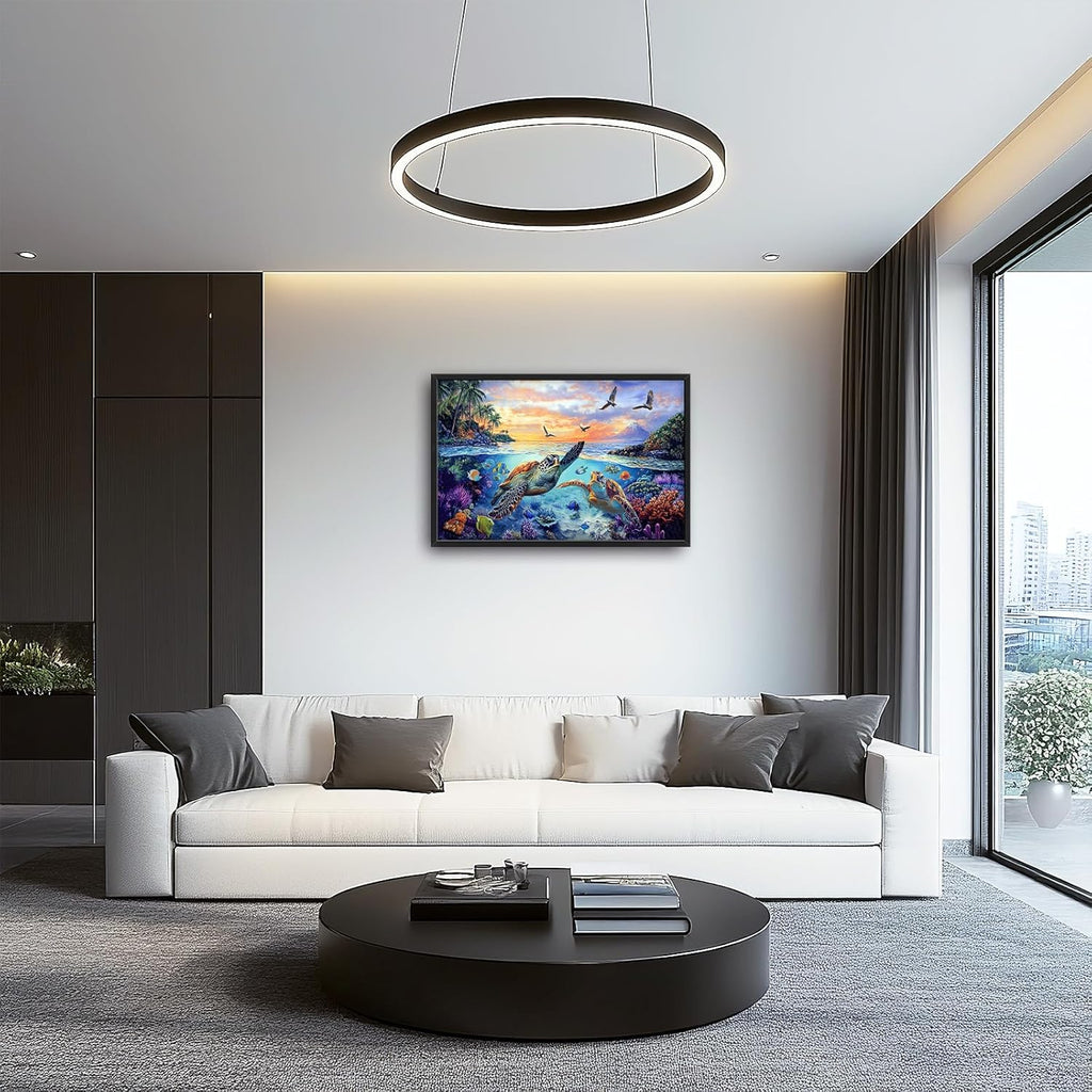 Framed Large Sea Turtle Wall Art for Living Room, Oversized Ocean Turtle Wall Decor Seascape Underwater Marine Life Canvas Painting Home Decoration for Living Room Bedroom Office 36"x24"