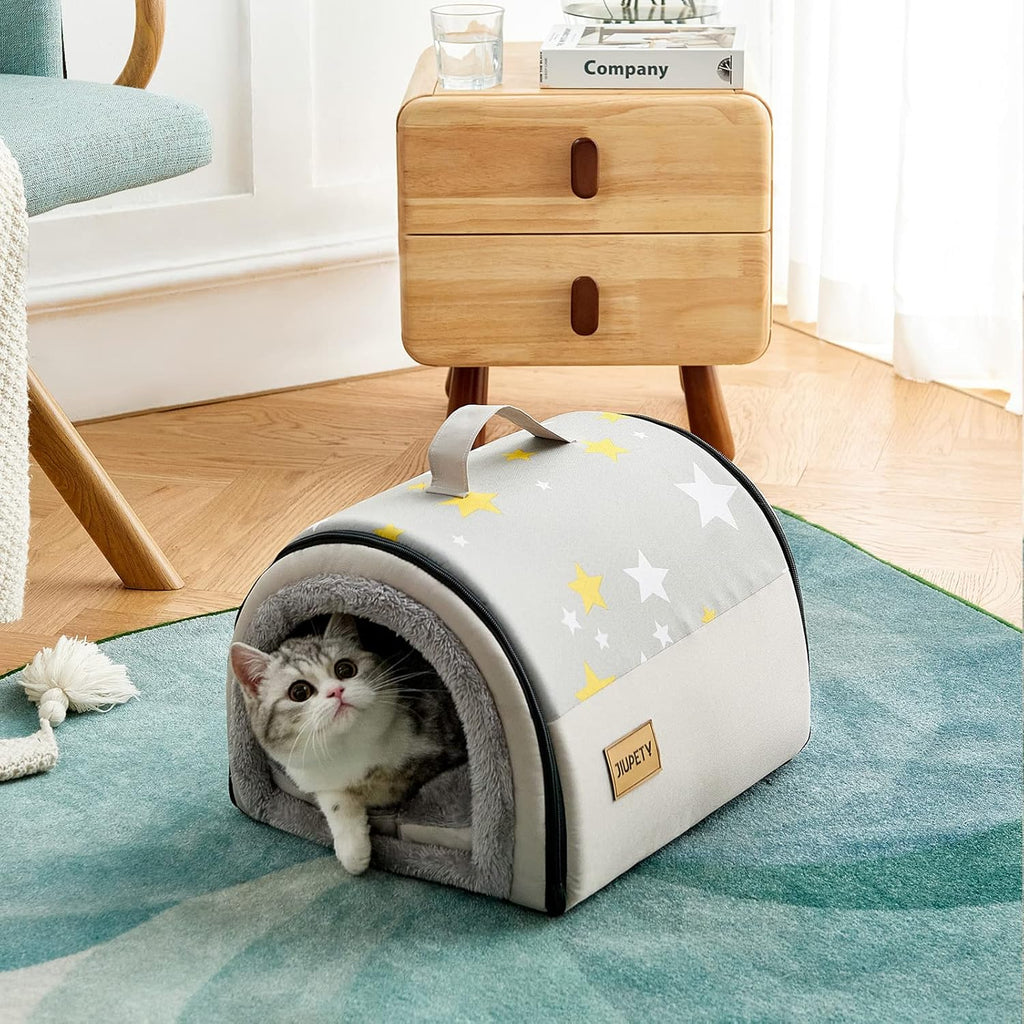 Jiupety Cozy Small Pet Dog House, 2 in 1 Puppy House, S Size for Cat and Puppy, Warm Cave Sleeping Nest for Cats and Dogs, S(15"×12"×11"), Up to 5.5 Lb, Grey