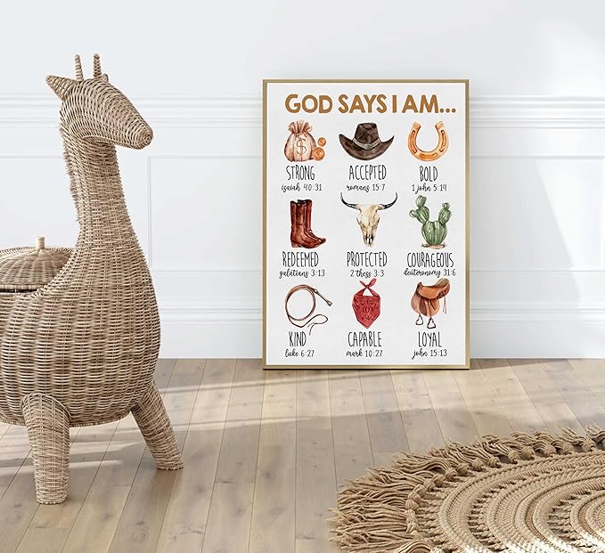 Framed Christian Nursery Canvas Wall Art God Says I Am Inspirational Bible Verses Western Cowboy Painting Pictures Wall Decor Posters Prints Artwork for Kids Girls Bedroom Playroom Baby Room