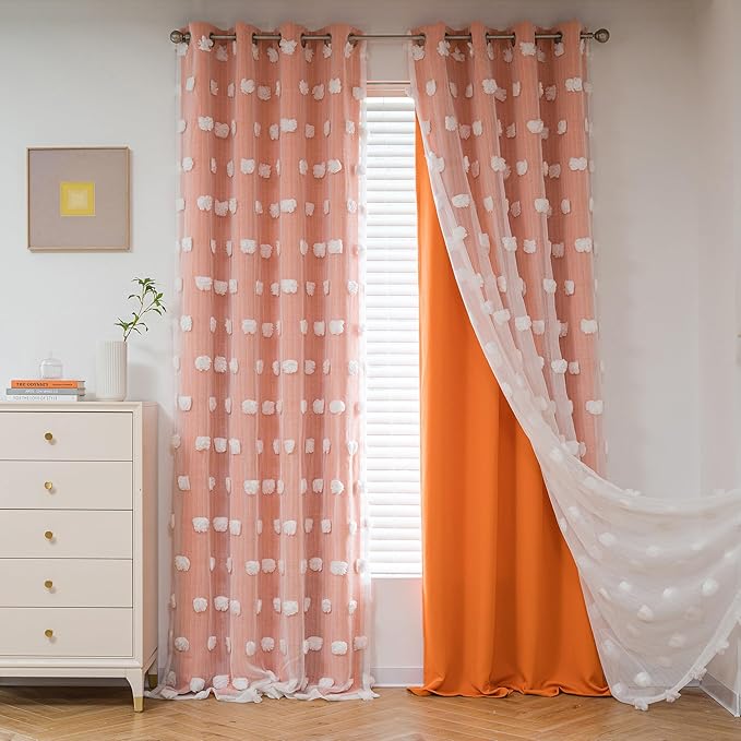 MYSKY HOME Orange Curtains 95 Inches Long for Living Room White Pom Pom Sheer Double Layer Curtains for Kids Rooms Nursery Curtains for Toddler Bedroom Grommet Room Darkening Window Panels 52" X 95"